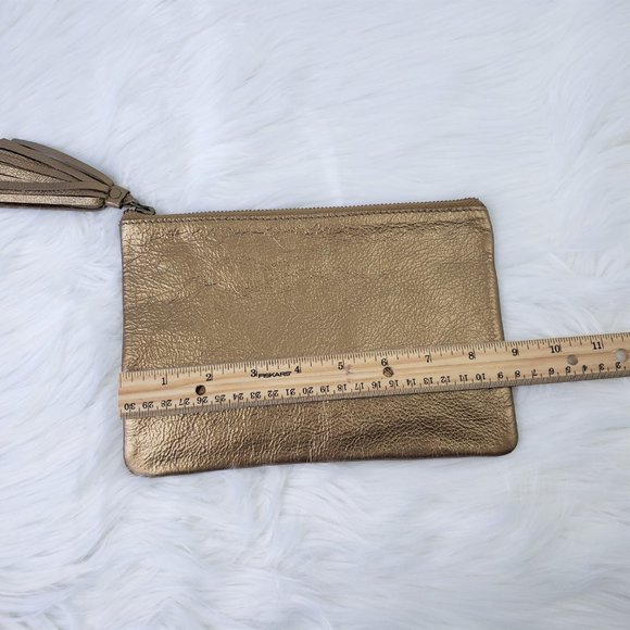 POTTERY BARN 100% Leather Gold Tassel Clutch Bag - Picture 4 of 7